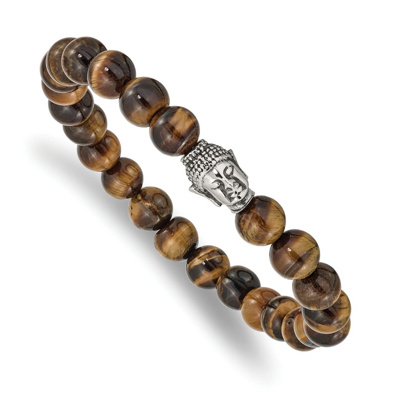 Stainless Steel Antiqued and Polished Buddha 8mm Tiger's Eye Beaded Stretch Bracelet