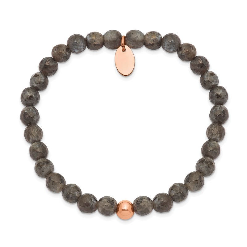 Stainless Steel Polished Rose IP-plated 6mm Spectrolite Beaded Stretch Bracelet