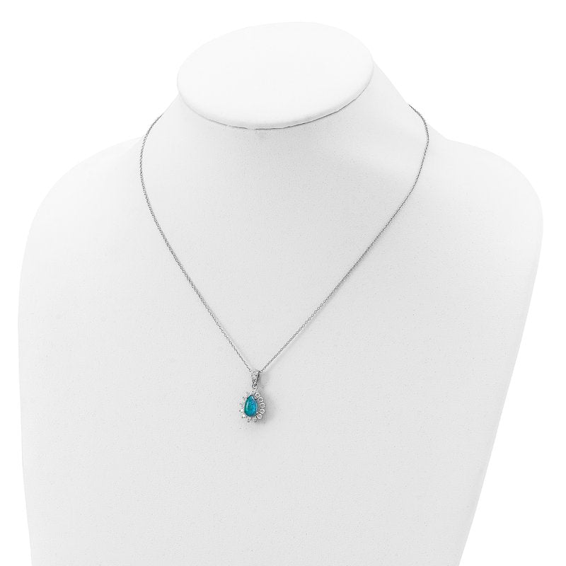 Sterling Silver Rhodium-plated Cabochon Lab Created Blue Opal and Brilliant-cut CZ Pear 18 Inch Necklace