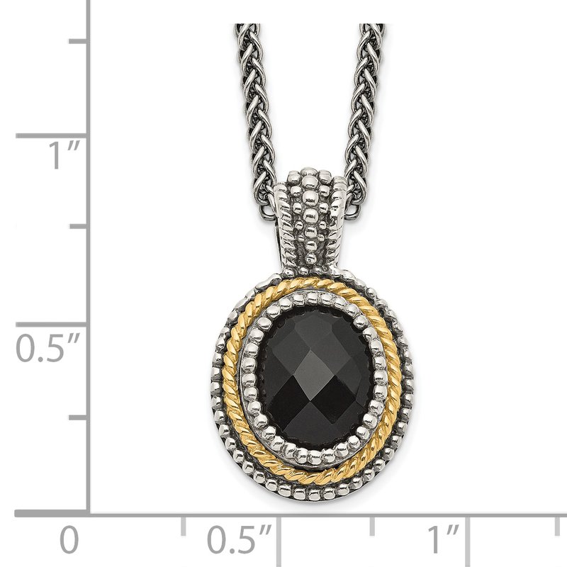 Sterling Silver with 14K Accent 18 Inch Antiqued Checkerboard-cut Black Onyx Necklace