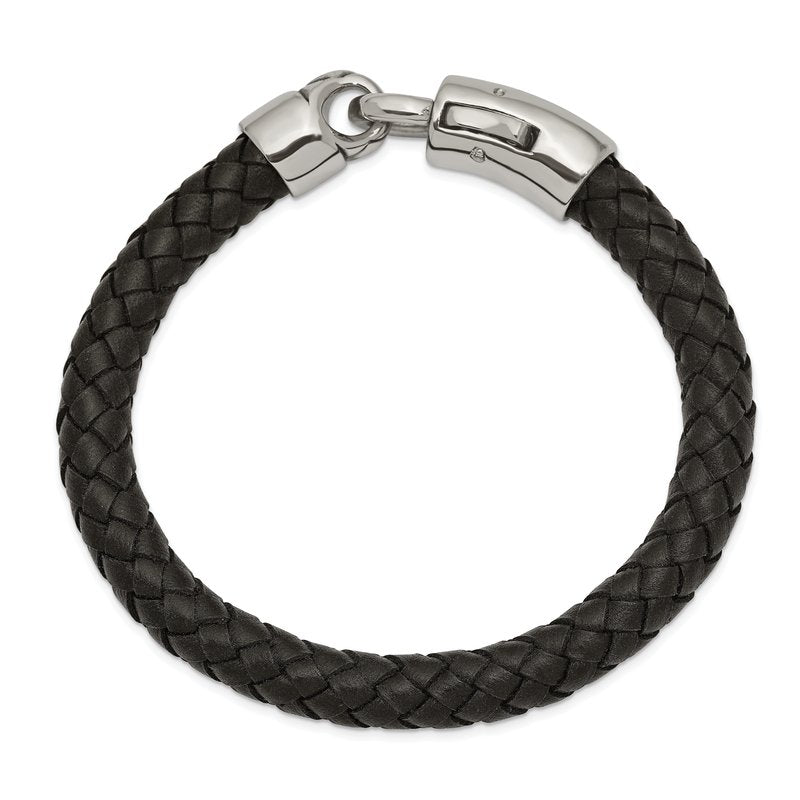 Stainless Steel Antiqued and Polished Black Braided Leather 8.25 inch Bracelet