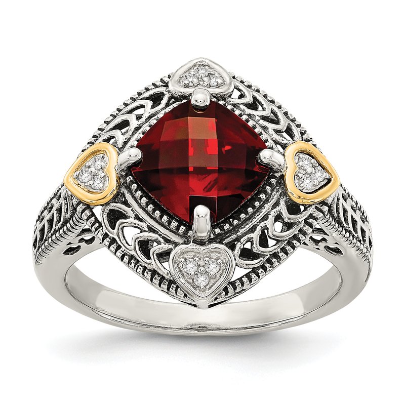 Sterling Silver with 14K Accent Antiqued Diamond and Checkerboard Cushion Garnet Ring