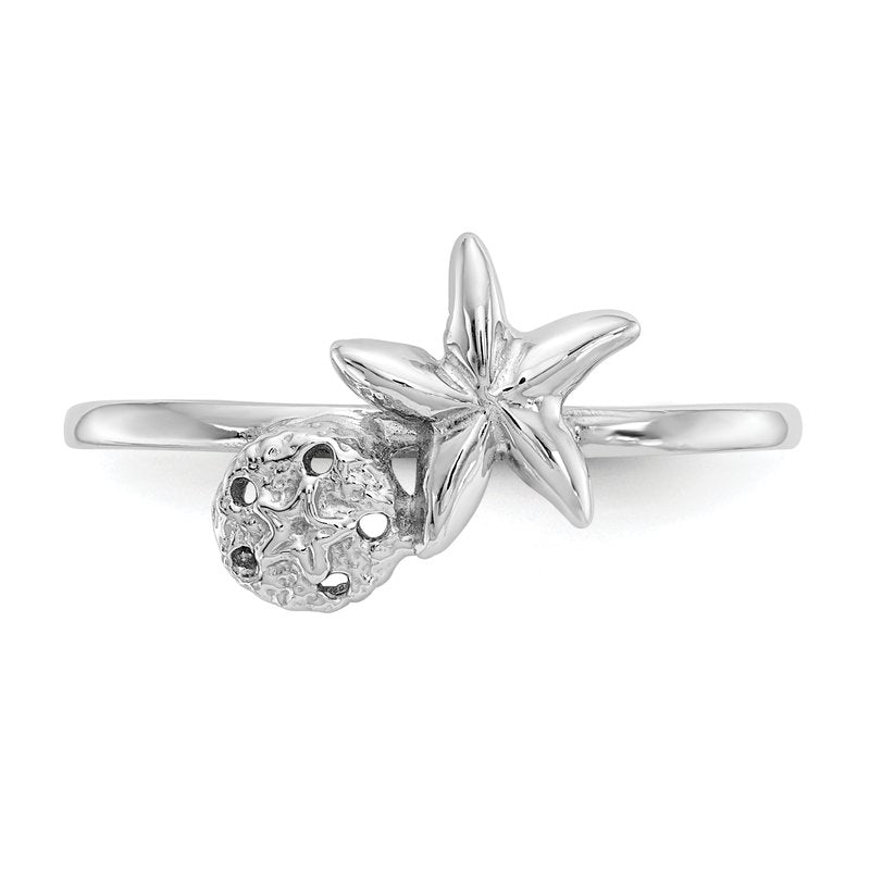 14k White Gold Polished Starfish &amp; Sand Dollar Ring