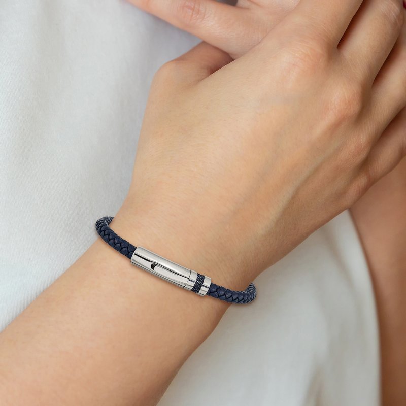 Stainless Steel Polished Blue Braided Leather 8.25 inch Bracelet