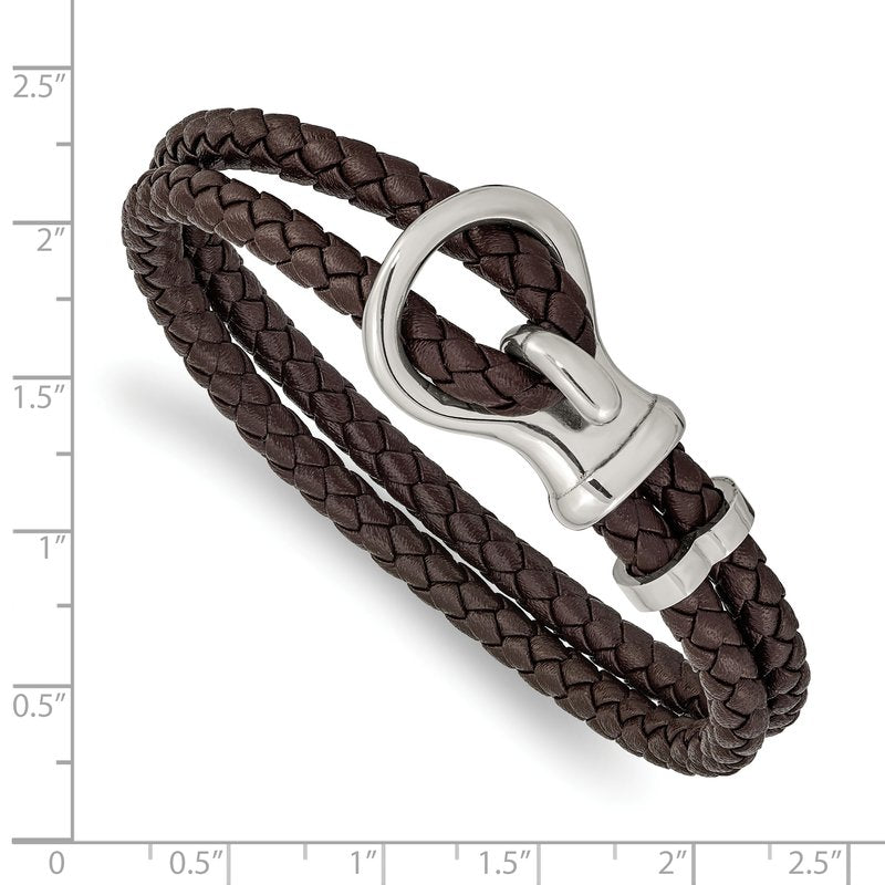 Stainless Steel Polished Brown Braided Leather 8 inch Bracelet
