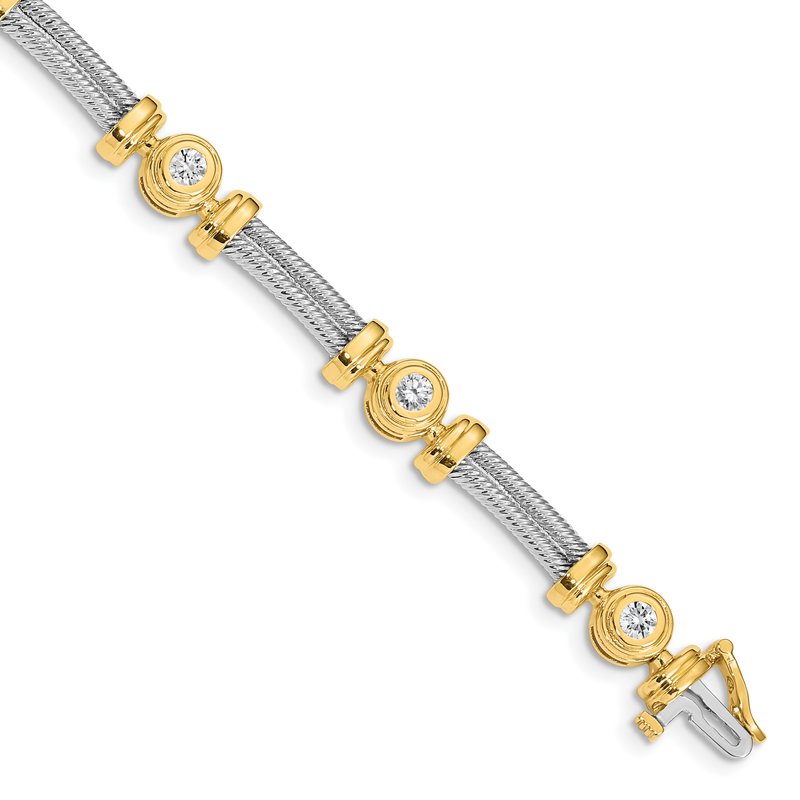 14k Two-tone Complete 1.4 carat Round AA Diamond Bezel and Twisted Bar 7 inch Bracelet