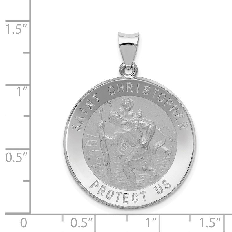 14k White Gold Polished and Satin Hollow Saint Christopher Medal Round Pendant