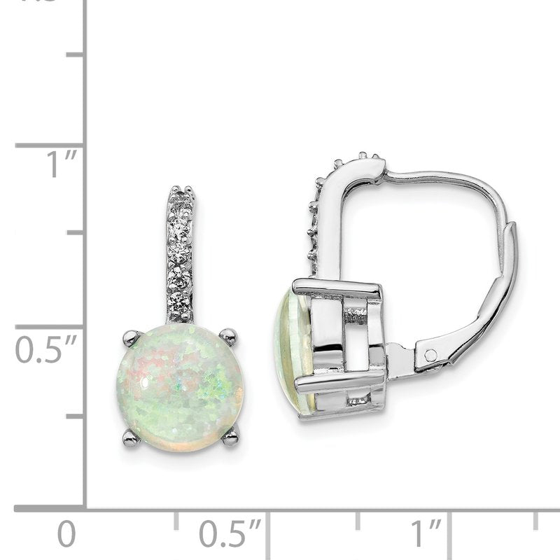 Sterling Silver Rhodium-plated Cabochon Lab Created Opal and Brilliant-cut CZ Leverback Earrings