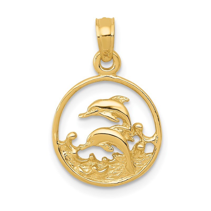 14k Double Dolphin Circle Pendant
