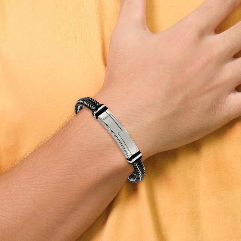 Stainless Steel Polished Braided Wire and Black Leather with Rubber Adjustable 8.25 to 8.75 inch ID Bracelet