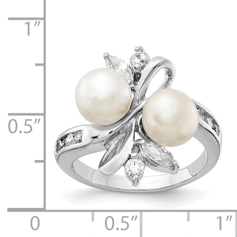 Sterling Silver Rhodium-plated Freshwater Cultured Pearl and Brilliant-cut CZ Leaves Ring