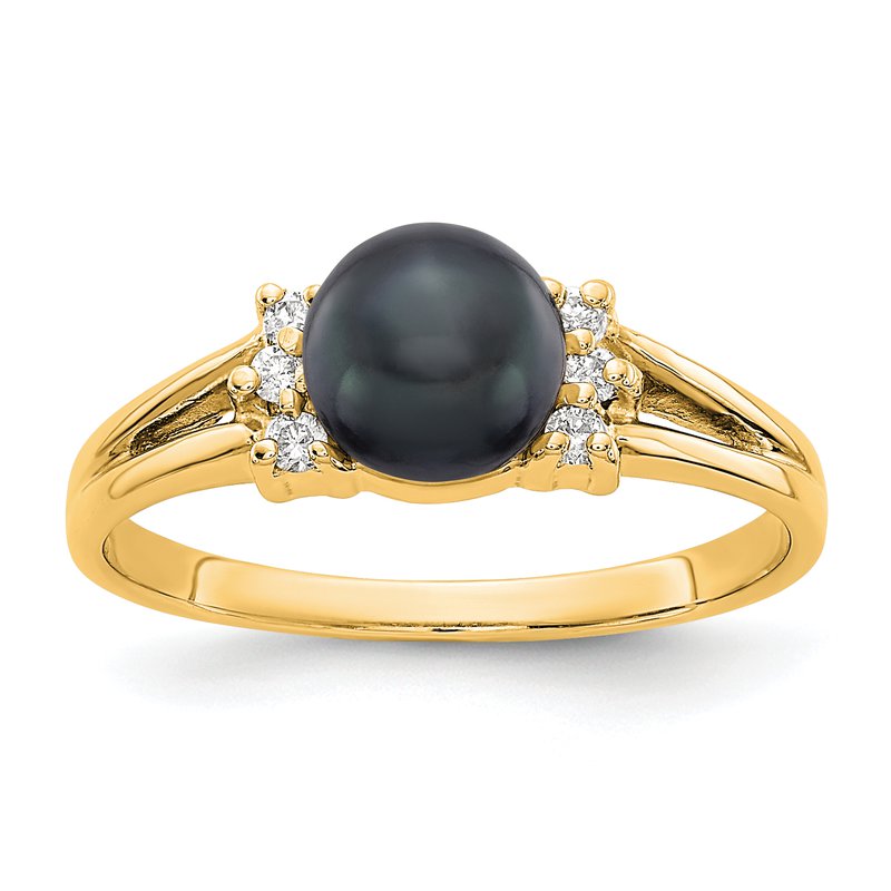 14k Gold 6mm Black FW Cultured Pearl AA Diamond ring