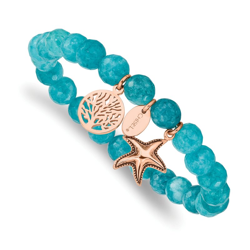 Stainless Steel Antiqued and Polished Rose IP-plated Starfish and Tree of Life 8mm Aqua Dyed Jade Beaded Stretch Bracelet