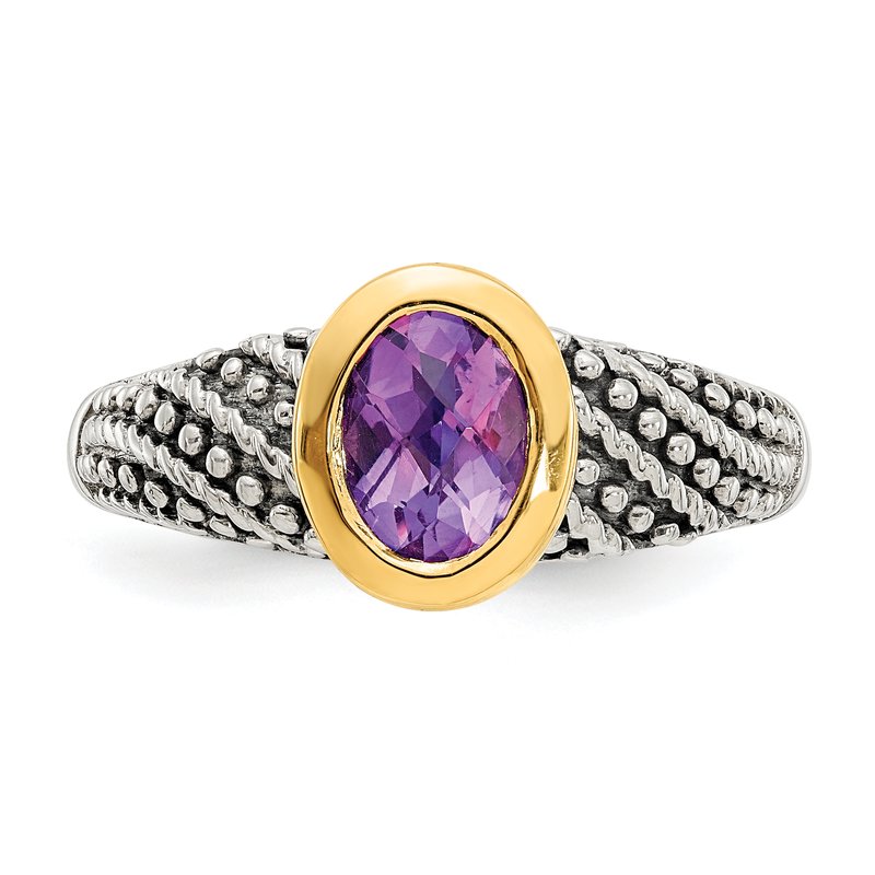 Sterling Silver with 14K Accent Antiqued Oval Bezel Amethyst Ring