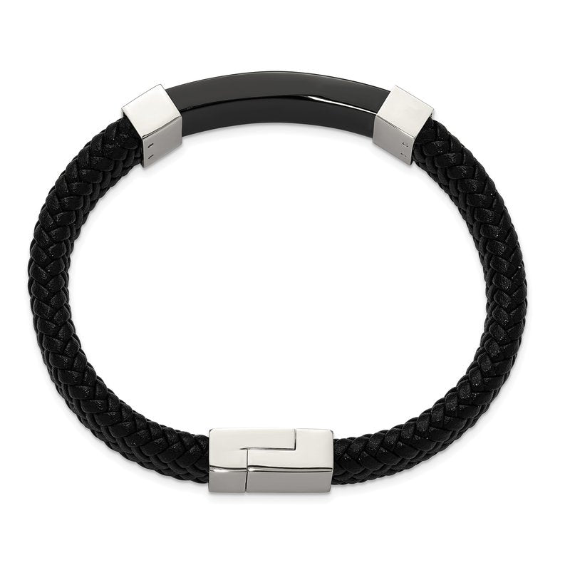 Stainless Steel Polished Black IP-plated Black Braided Leather 8.5 inch Bracelet