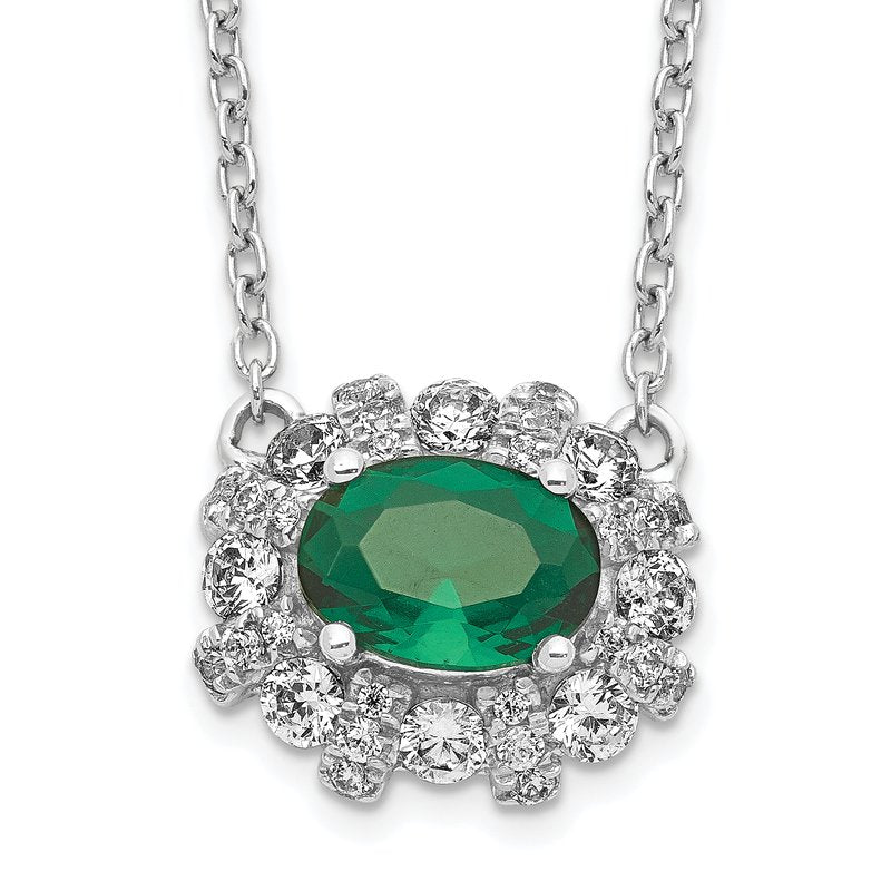 14k White Gold Diamond and Oval Emerald Fancy East-West 18 inch Necklace