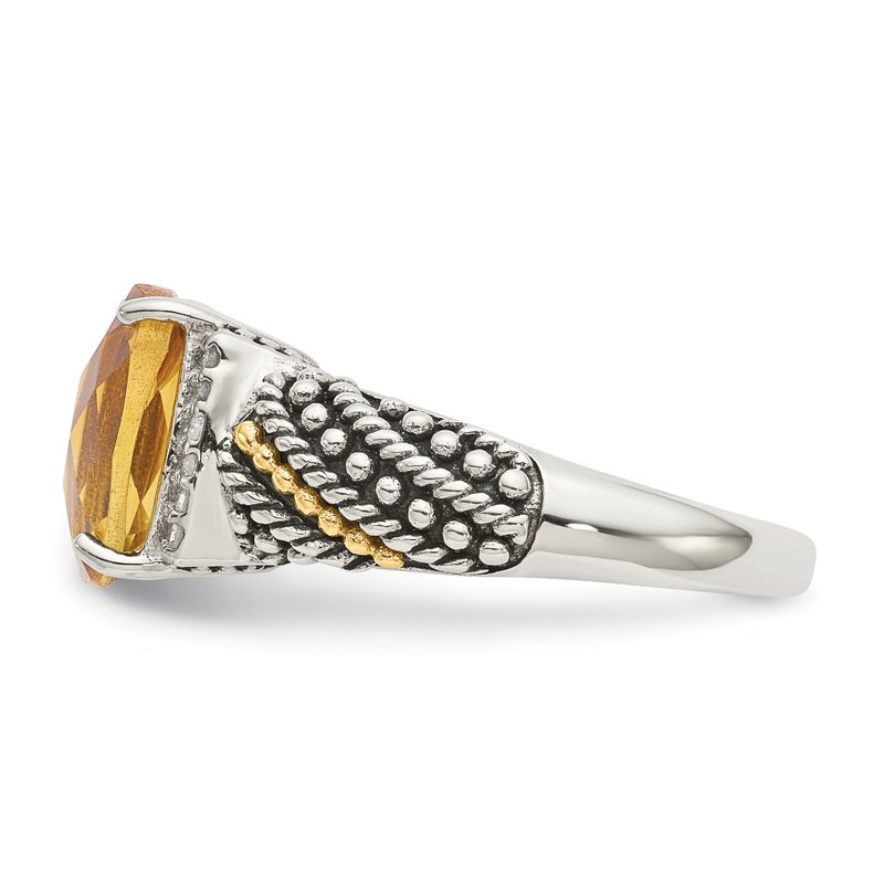 Sterling Silver with 14K Accent Antiqued Diamond and Checkerboard Cushion Citrine Ring