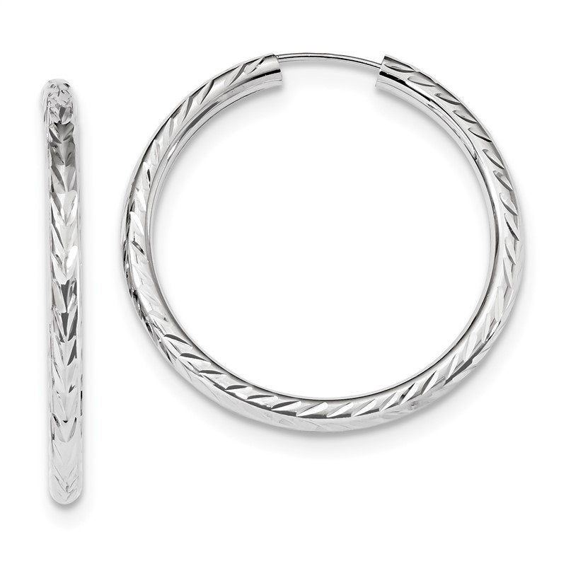 14k White Gold 3.00x35mm Polished Diamond-cut Endless Tube Hoop Earrings