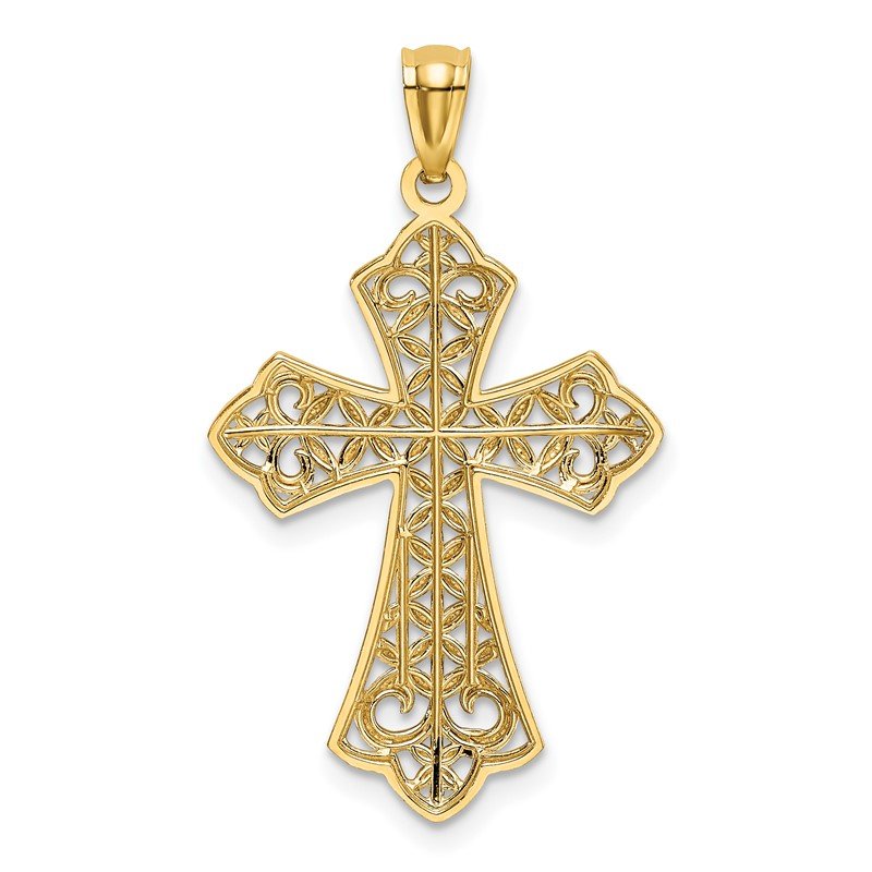 14k and White Rhodium Polished Diamond-cut Filigree Cross Pendant