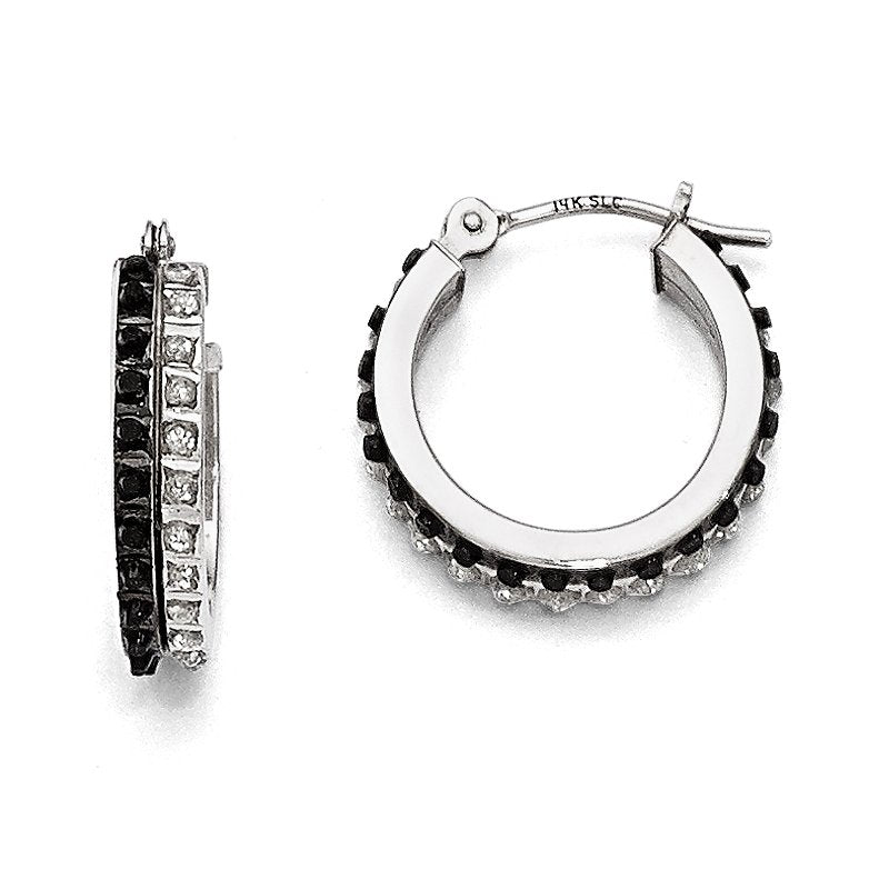 14k White Gold Diamond Fascination B &amp; W Diamond Round Hinged Hoop Earrings