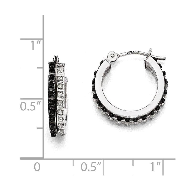 14k White Gold Diamond Fascination B & W Diamond Round Hinged Hoop Earrings