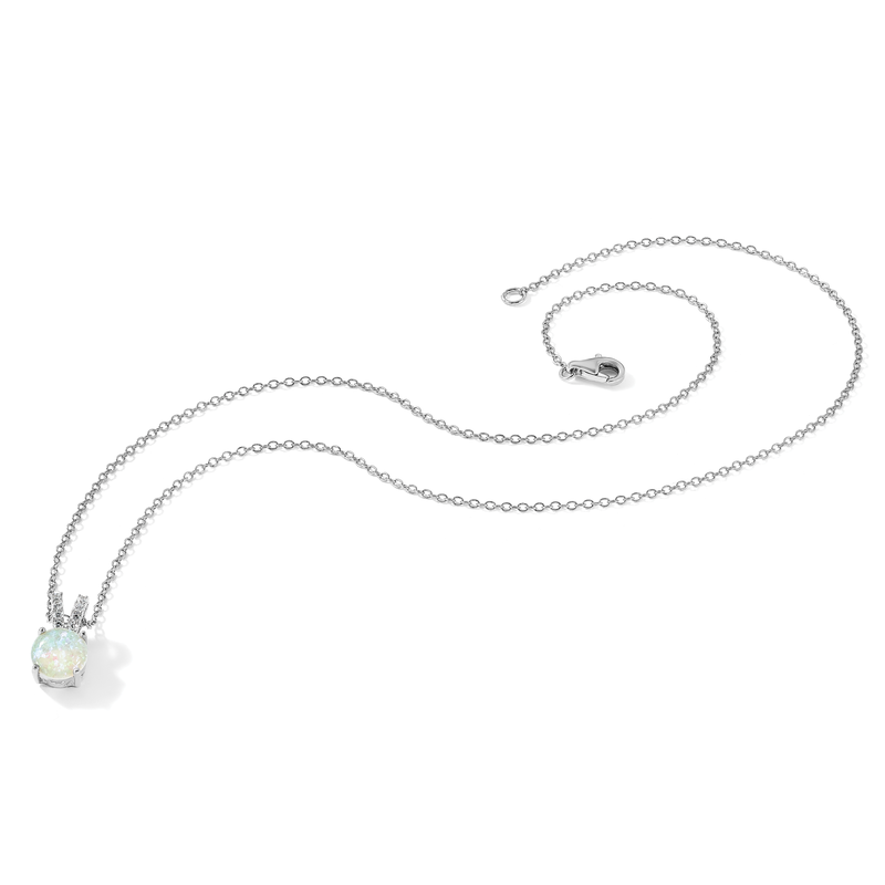 Sterling Silver Rhodium-plated Cabochon Lab Created Opal and Brilliant-cut CZ Split Bail 18 Inch Necklace