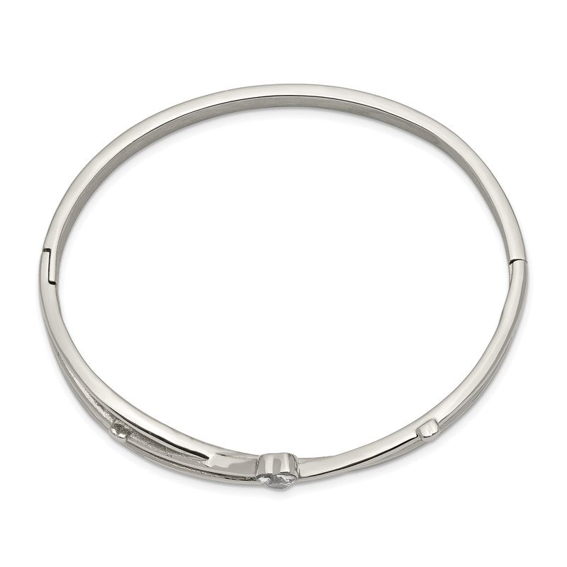 Stainless Steel Polished Heart CZ Hinged Bangle