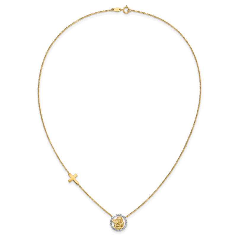 14k and White Rhodium Diamond-cut Angel and Cross 17 inch Necklace