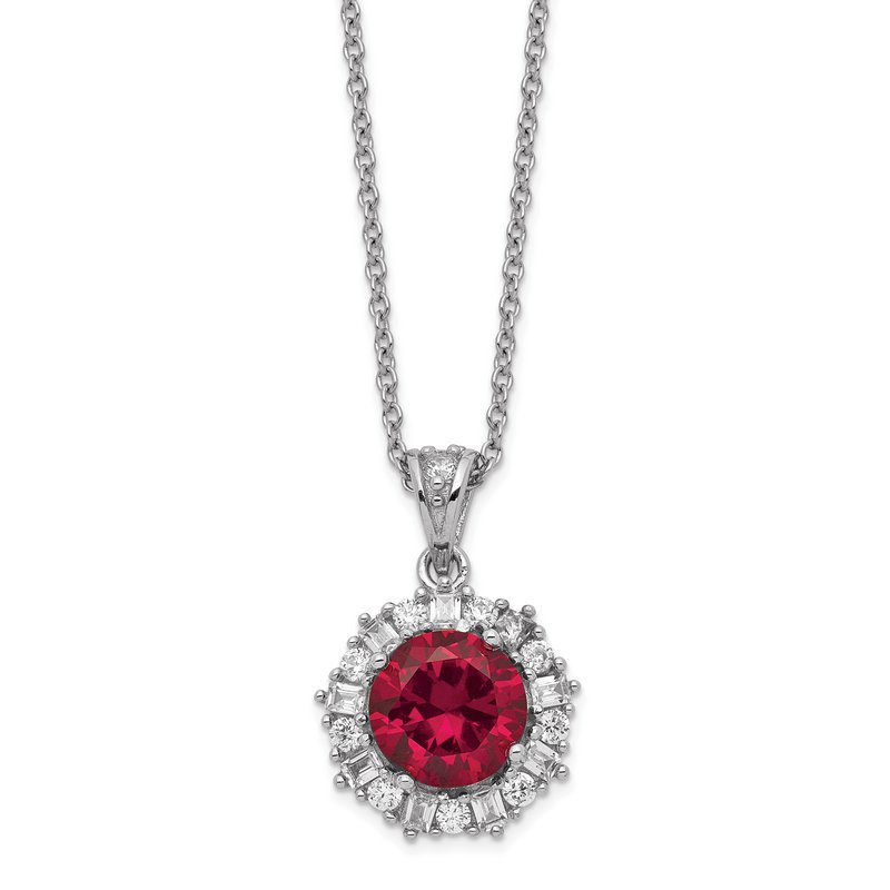 Sterling Silver Rhodium-plated Brilliant-cut Lab Created Ruby and Brilliant-cut/Baguette-cut White CZ 18 Inch Necklace