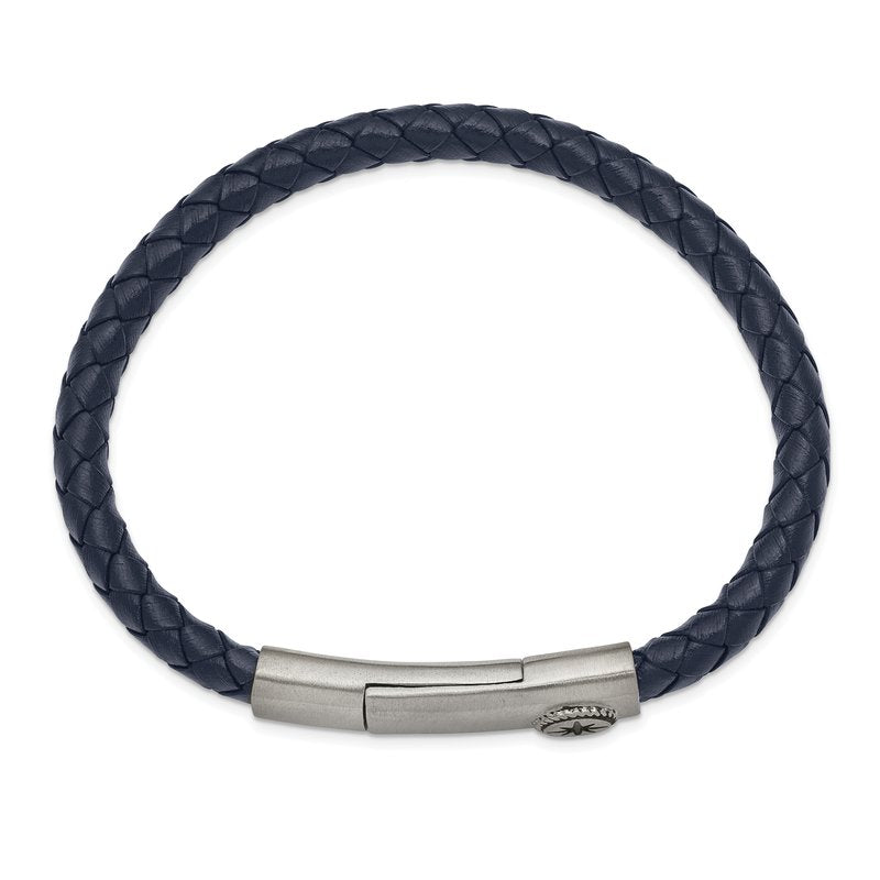 Stainless Steel Antiqued and Brushed Compass Navy Blue Braided Leather 8 inch Bracelet