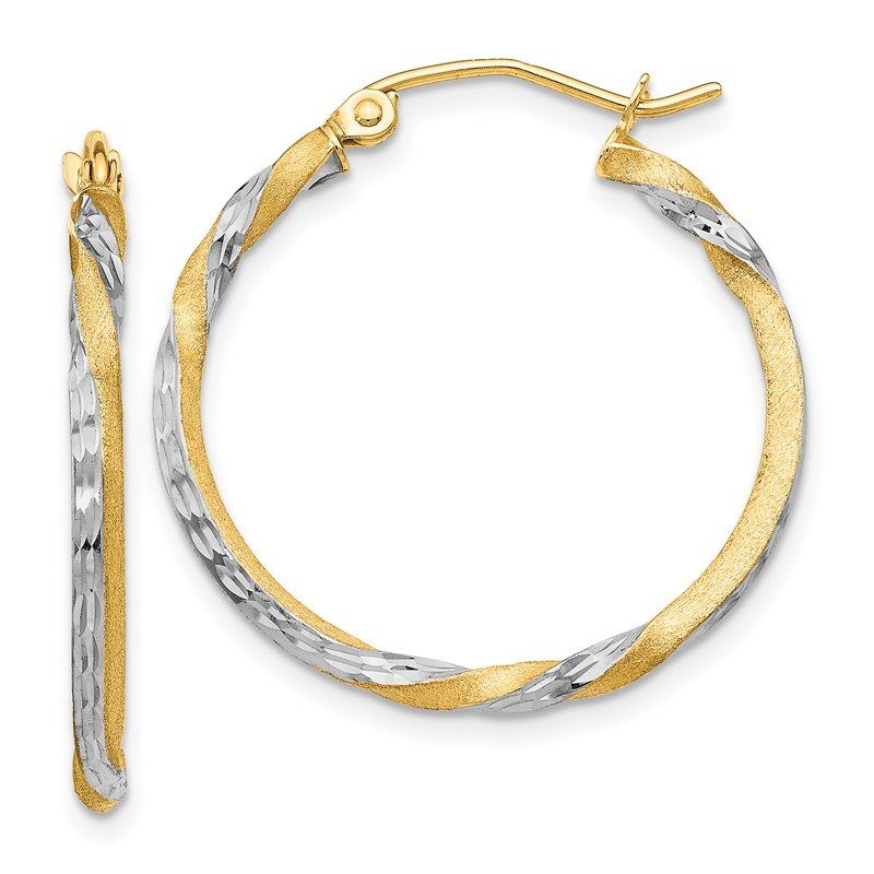 14k &amp; Rhodium Satin Diamond Cut Twisted Hoop Earrings