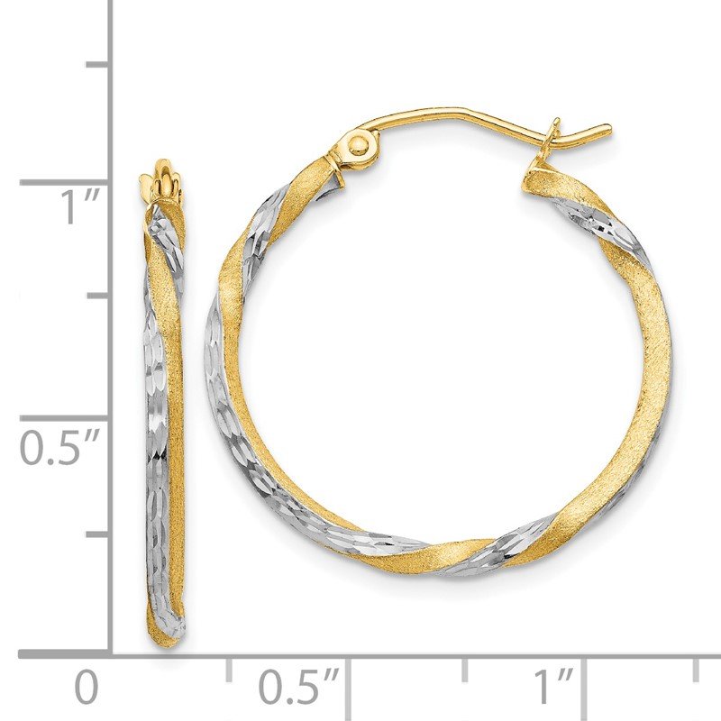 14k &amp; Rhodium Satin Diamond Cut Twisted Hoop Earrings