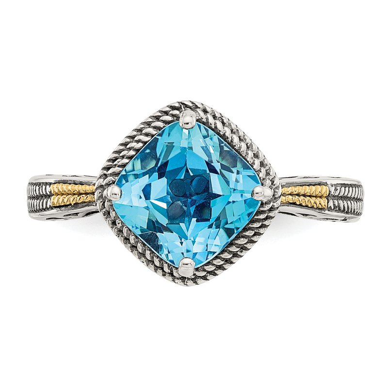 Sterling Silver with 14K Accent Antiqued Cushion Blue Topaz Ring