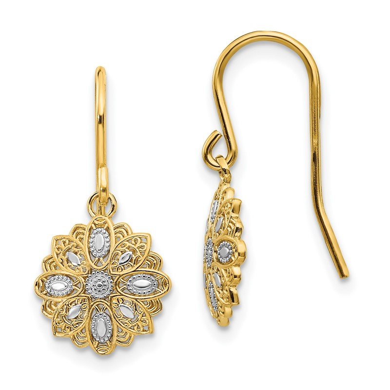 14k &amp; Rhodium D/C Polished Fancy Dangle Earrings