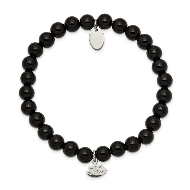 Stainless Steel Polished Lotus 6mm Black Agate Beaded Stretch Bracelet