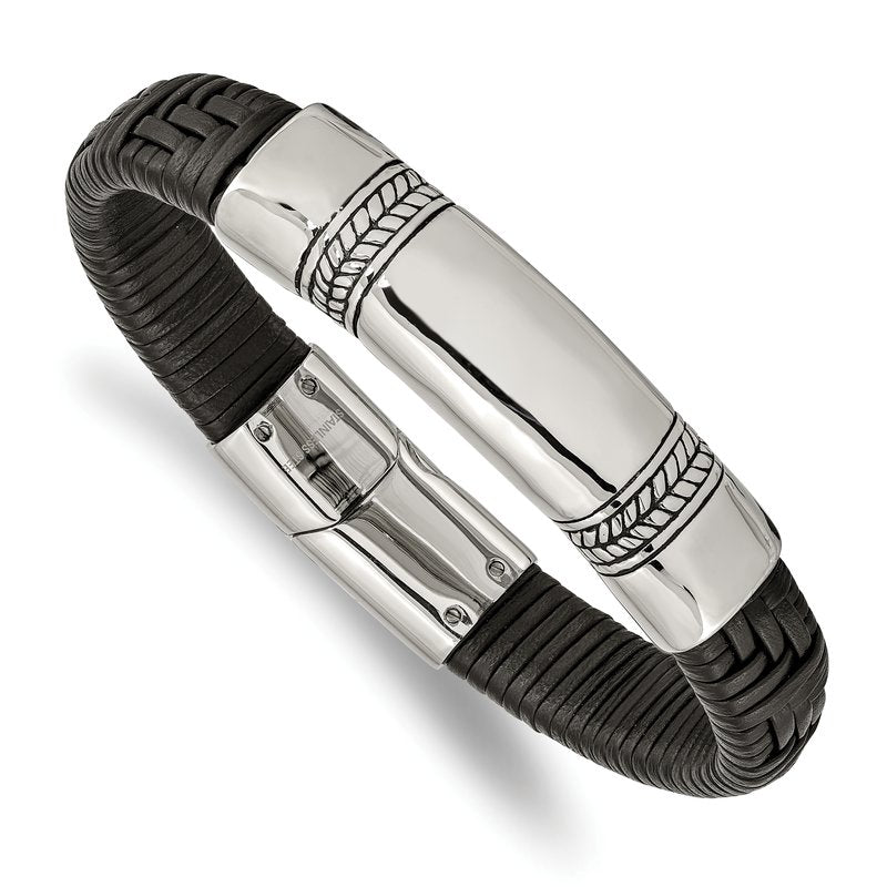 Stainless Steel Antiqued and Polished Black Woven Leather 8.25 inch ID Bracelet