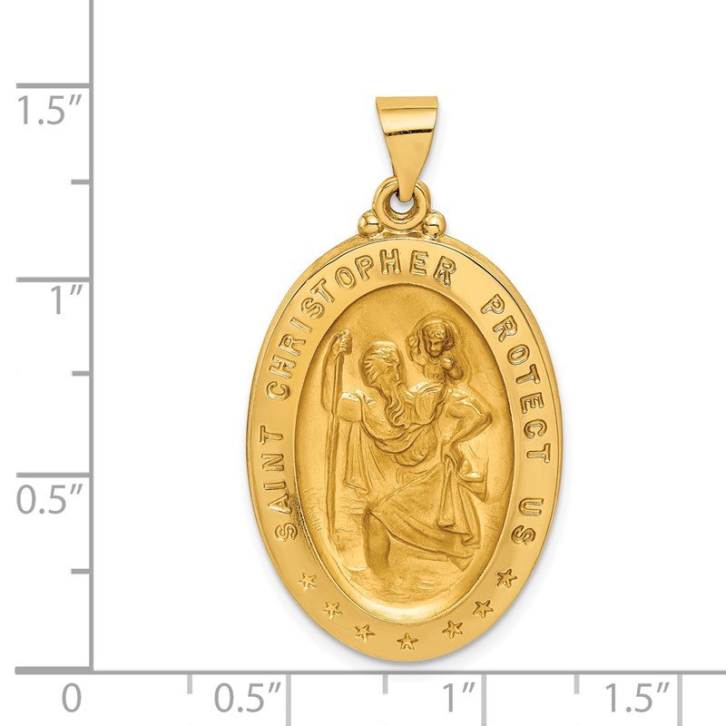 14k Polished and Satin Hollow Saint Christopher Medal Oval Pendant