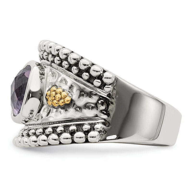Sterling Silver with 14K Accent Antiqued Checkerboard-cut Cushion Bezel Amethyst Ring