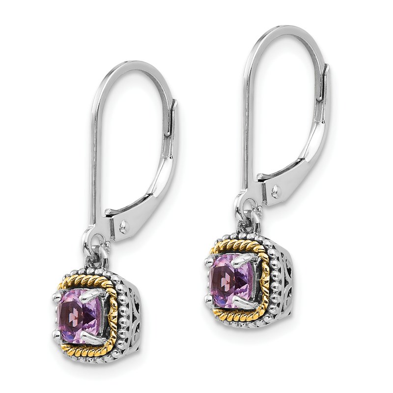 Sterling Silver with 14K Accent Antiqued Cushion Amethyst Leverback Dangle Earrings