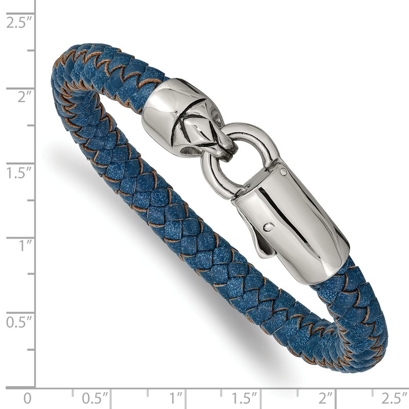 Stainless Steel Antiqued and Polished Blue Braided Leather 8.25 inch Bracelet