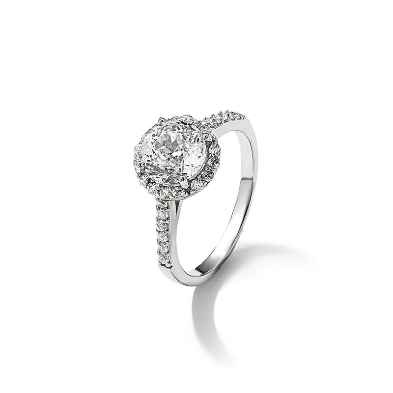 Sterling Silver Rhodium-plated Brilliant-cut CZ Round Halo with Side Stones Ring