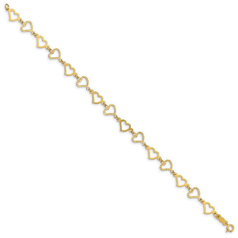 14K Flat Diamond -cut and Polished Open Hearts 7.25 inch Bracelet