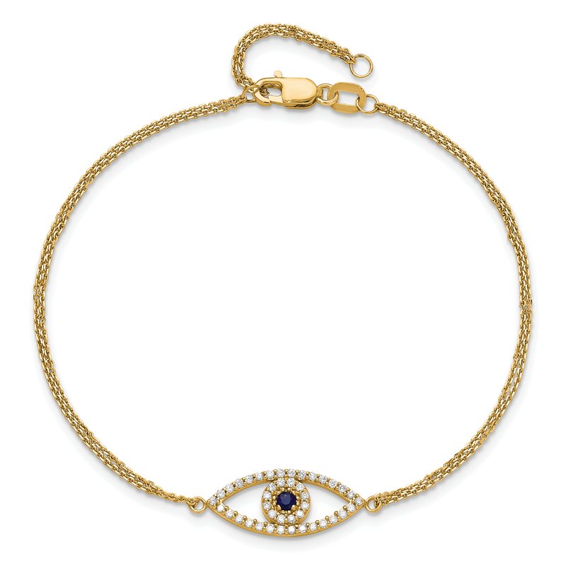 14k Complete A Diamond and Sapphire Evil Eye 2-Strand 7 inch Bracelet with 1 inch Extender