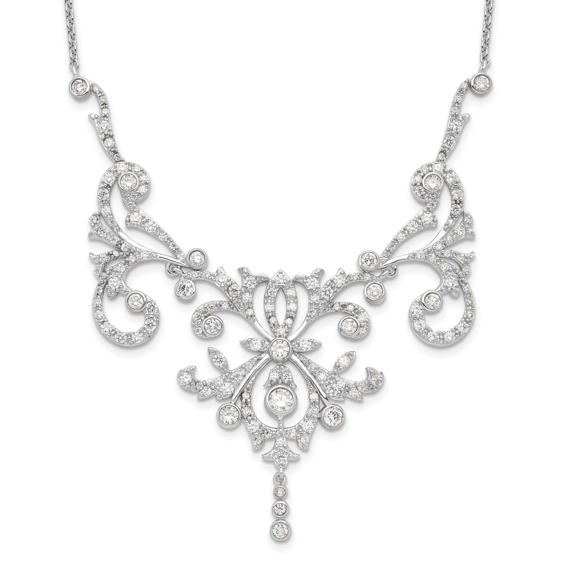 Sterling Silver Rhodium-plated Brilliant-cut CZ Bezel Fancy Scroll 17 Inch Necklace with 2 Inch Extender