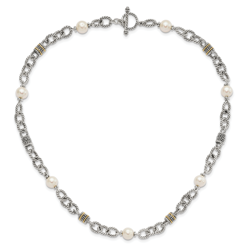 Sterling Silver with 14K Accent 18.5 Inch Antiqued 8-8.5mm Freshwater Cultured Pearl Necklace