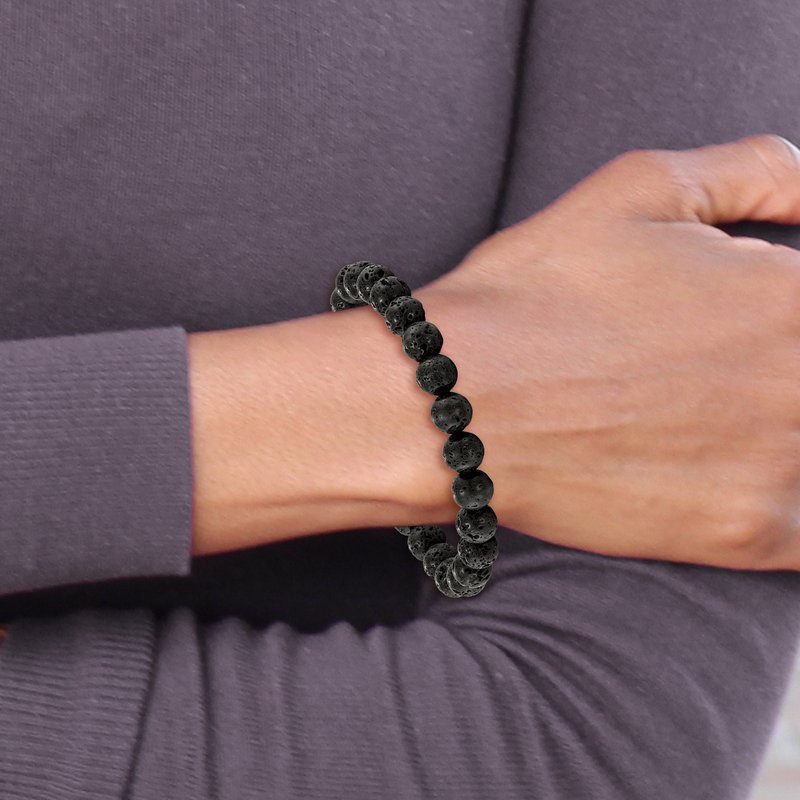Stainless Steel Polished 8mm Lava Rock Beaded Stretch Bracelet