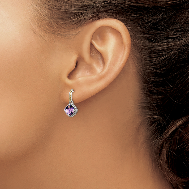 Sterling Silver with 14K Accent Antiqued Cushion Amethyst Post Dangle Earrings