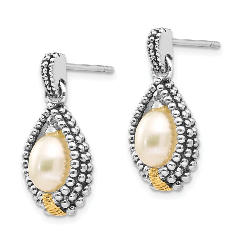 Sterling Silver with 14K Accent Antiqued 7x5mm Freshwater Cultured Pearl Post Drop Earrings