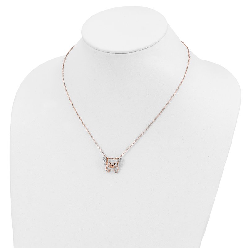Sterling Silver Rose Gold-plated Brilliant-cut Black Glass and Brilliant-cut White CZ Flying Pig 18 Inch Necklace