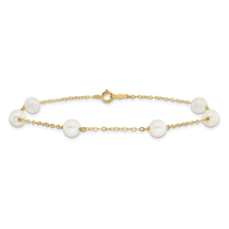 14k 6-7mm White Near-Round Freshwater Cultured Pearl 6-Station 9 inch Anklet